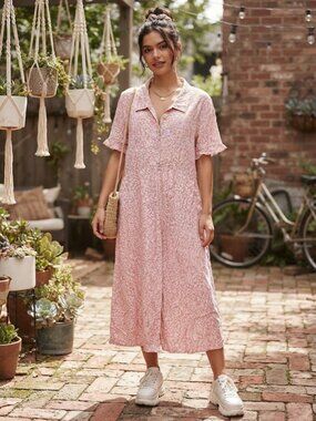 VTG 80s 90s Floral Print Midi Dress Collar Pink Carol Anderson Size 14 USA MADE